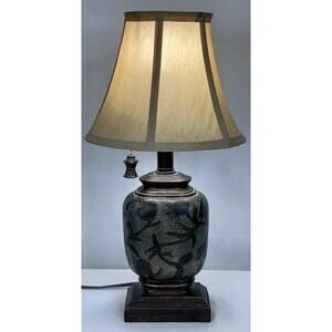 Vintage Ceramic Table Lamp Etched Floral w/ Shade & Ornate Pull Chain 18"